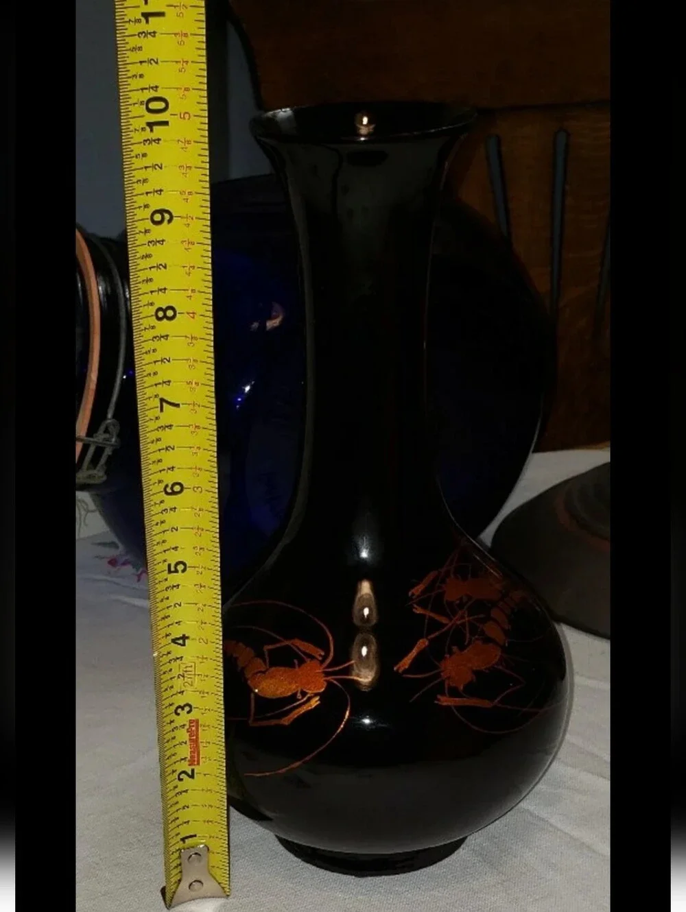 Vintage MCM Black Laquerware Vase With Metallic Copper Shrimp Design